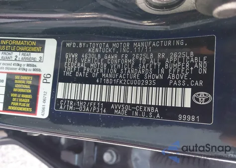 2012 Toyota Camry Hybrid Le z USA, uszkodzony, nr VIN 4T1BD1FK2CU002935